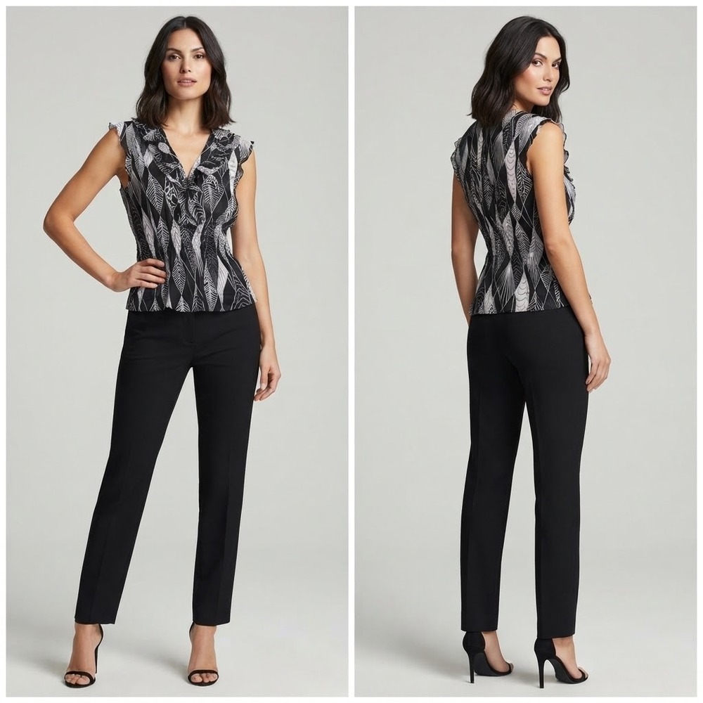 BCBGMAXAZRIA Black White Geometric Leaf Print Ruffle V-Neck Sleeveless Top XS